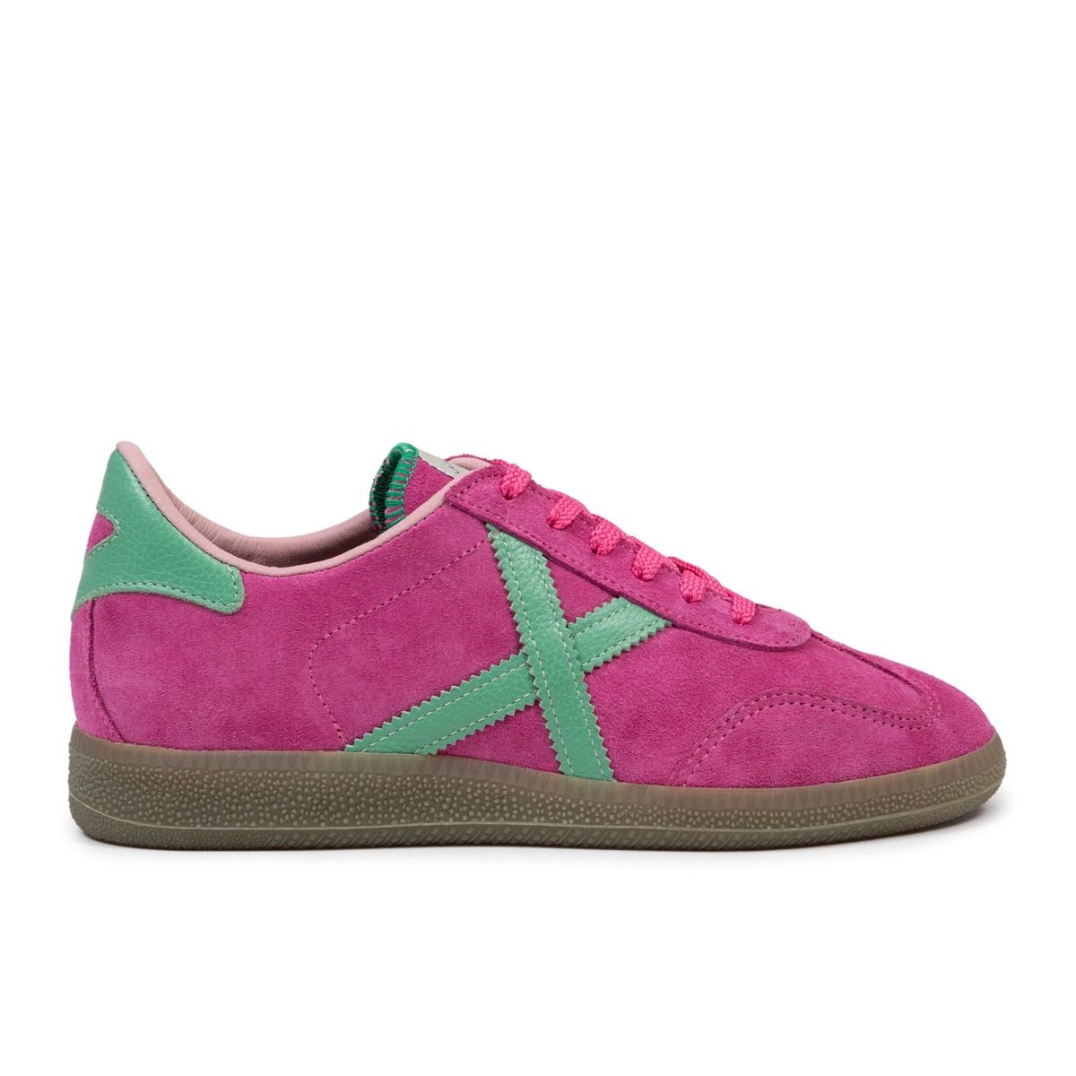 Munich suede sneaker in fuchsia and green, side view, on white